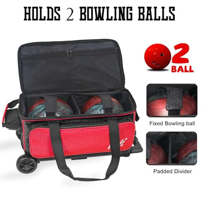 WOLT Double Roller 2 Ball Bowling Bag with Separate Shoe Compartment, Large Capacity Bowling Ball Bag with Accessory Pocket, Retractable Handle Extends to 40" - color: Red