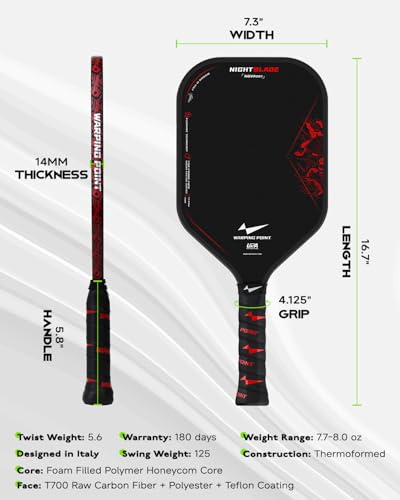 Nightblade Raw Carbon Fiber Pickleball Paddle, Foam Filled Polymer Honeycomb Core, UPA-A & USAPA Approved, Endura Friction Surface, Long Handle for Two Handed Backhand, Enhanced Impact Feel & Spin - style: 14mm