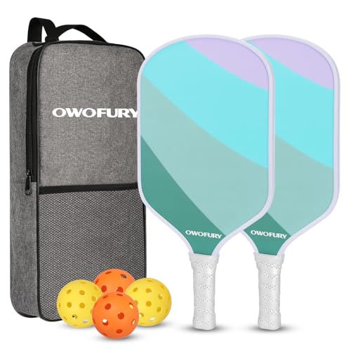 Fiberglass Pickleball Paddles Set of 2, Pickle Ball Racket Lightweight Honeycomb Core Control Paddle, with 4 Indoor Outdoor Balls and Bag for Men Women - color: Green Pink