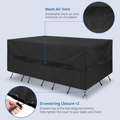 SunPatio Patio Furniture Covers Waterproof, Rectangular Table and Chairs Set Cover, Outdoor Furniture Set Cover with Drawstrings and Taped Seams, All Weather Protection, 90"W x 60"D x 30"H, Black - size: 90"W x 60"D x 30"H