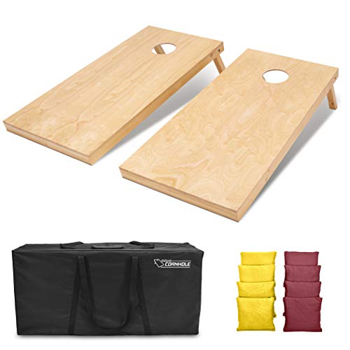GoSports Regulation Size Wooden Cornhole Set with Natural Wood Finish - Includes Carrying Case - color: Burgundy & Yellow