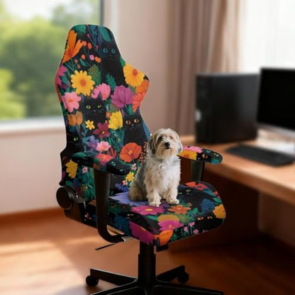 Suobstales Cat Floral Pattern 4-Piece Gaming Chair Slipcover Set, Stretch Elastic Cover with Armrest Covers, Washable Computer Gamer Chair Slipcovers for Racing, Reclining & Ergonomic Office Chairs - color: Cat Floral
