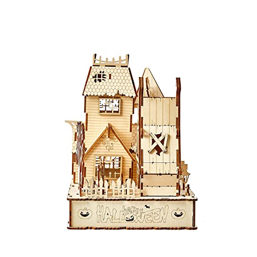 3D Wooden Puzzles Halloween House Kits Includes Light Strip, Brainteaser and Puzzle for Halloween/Birthday,Gifts for Adults and Teens to Build Combination - style: Halloween House