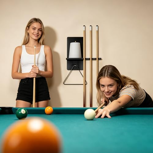 Black Wall Mounted Cone Chalk Holder,Wood Pool Cue Rack with 5-Slot Metal Rubber Clamps,Wall Mount Billiard Accessories for Home, Bar, Game Room & Pool Club
