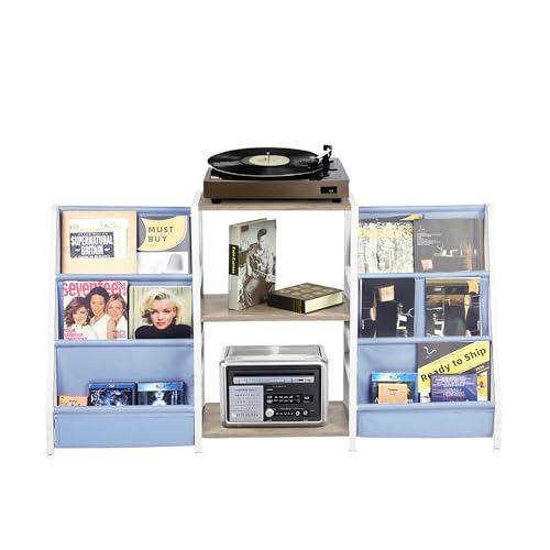 Homy Casa Audio-Visual Shelving Unit – Metal Frame with Wood Shelves & Fabric Bags – Compact AV Equipment Stand, Media Storage Rack for Gaming Accessories & Living Room Organization