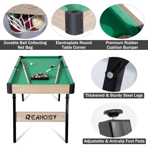 Folding Pool Table, Portable Billiard Game Tables for Kids and Adults, Mini Pool Table with Locking Legs, Adjustable Feet, Balls, Cues, Triangle, Chalk, Brush - color: 54-inch/Green