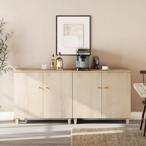 WAMPAT 70.8 Inch Large Sideboard Buffet Cabinet w/ 4 Doors, Light Oak Wood | 2 In 1 Credenza Storage Cabinets w/ 6 Compartments, Solid Wood Legs, Coffee Bar Server for Dining Room, Kitchen, Living Room - color: Light Oak, size: 70.8" W