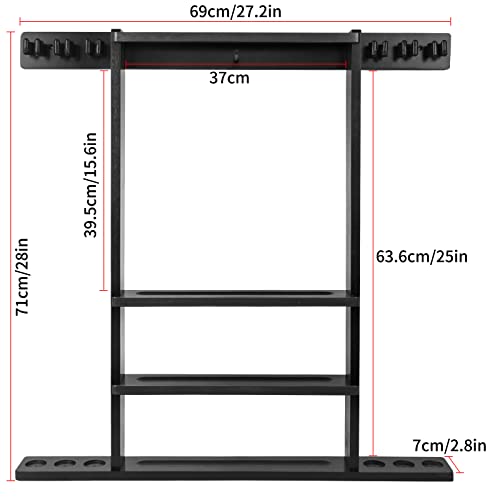 Black Pool Stick Holder, Wall Mount Pool Cue Rack ,Solid Wood Floor Stand for billiard cue sticks,Holds 6 Pool Cues & a Full Set of Balls,Professional Pool Table Accessories for Billiard Room or Club