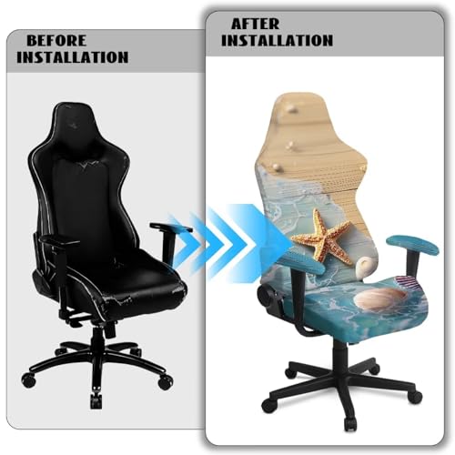 Suobstales Beach Starfish Seashell Conch Wood Print Gaming Chair Covers Slipcovers, Stretchable Elastic Computer Reclining Gaming Chair Seat Cover with Armrest Cover (No Chairs) - color: Beach Starfish Seashell Conch Wood