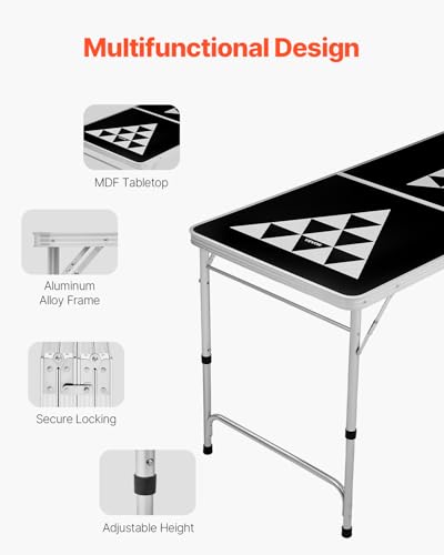 VEVOR 8 Foot Portable Beer Pong Table, Carrying Handles and 6 Pong Balls, Adjustable Height, Lightweight Table for Office, Tailgate Party, Travel and Camping, Black