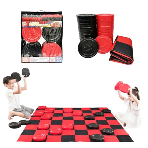 Grip Kids Jumbo Family Fun Bundle – 17-inch Giant Bowling Set with 6 Pins & 2 Balls + Jumbo Checkers Board Game, Indoor & Outdoor Toys for Kids & Toddlers, Backyard Party Games, Travel-Friendly