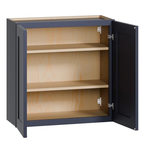 33 Inch Laundry Room Cabinets Wall Mounted, Solid Wood Over The Toilet Storage Cabinet, Bathroom Organizer Cabinets with 2 Shaker Door & Shelves, Easy to Assemble for Kitchen, Garage - Blue - color: Blue, size: 33"W*12"D*30"H