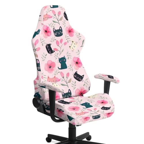Black Cat Print Gaming Chair Covers Slipcovers with Armrest Covers Flower Print Computer & Gaming Chair Slipcover Universal Fit for Desk/Swivel/Rotating Chairs Protector - color: Pink - Black Cat Flower