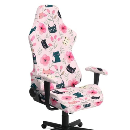 Black Cat Print Gaming Chair Covers Slipcovers with Armrest Covers Flower Print Computer & Gaming Chair Slipcover Universal Fit for Desk/Swivel/Rotating Chairs Protector - color: Pink - Black Cat Flower