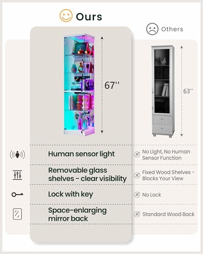 Lvifur Curio Display Cabinet - with Glass Door,5-Tier Glass Display Case with RGB Motion Sensor Light, Lockable Figure Display Case with Removable Glass Shelf for Collectibles,White - color: White-rgb Light
