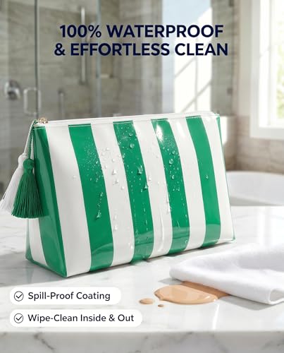 Striped Makeup Bag with Tassel Zipper, Large Waterproof Cosmetic Travel Pouch forWomen, Preppy Aesthetic Toiletry Bag Travel Essentials for Girls, Beach Bag Essentials Organizer Gift(Green White) - color: Green White