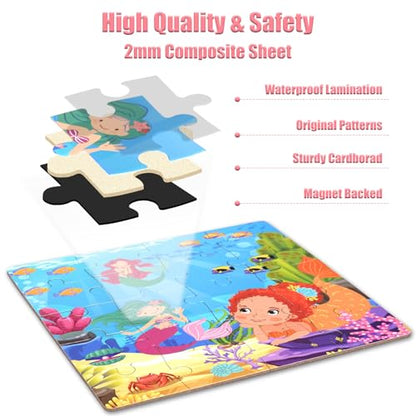 Magnetic Puzzles for Kids 3-5, 3-in-1 Princess Unicorn Mermaid Travel Puzzles for Kids Ages 4-6, Car Airplane Road Trip Activities Toys, Gifts for Girls