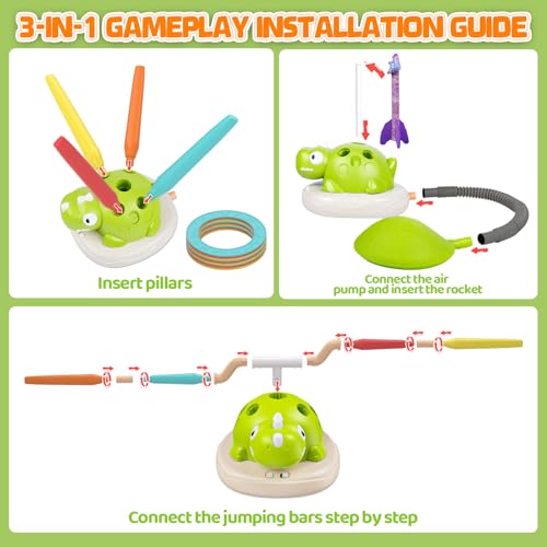 Aliex 3 in 1 Dinosaur Rocket Launcher for Kids, Musical Jump & Ring Toss Toys with Remote Control, Outdoor Outside Indoor Active Games Toys for Boys Girls, Birthday Gifts for 3 4 5 6 7 8 Year Old