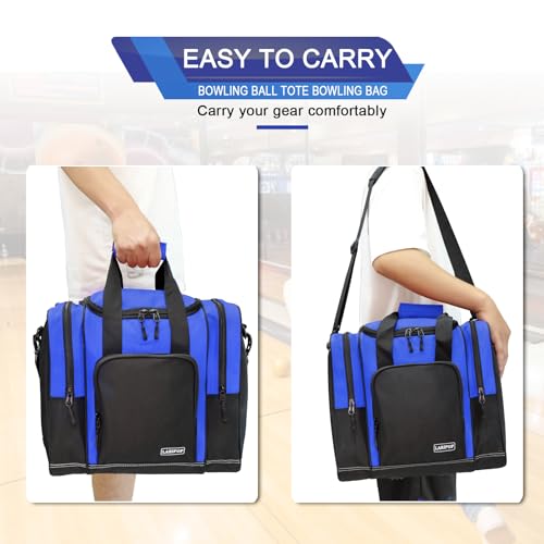 LARIPOP Bowling Ball Bag, Single Bowling Tote with Padded Ball Holder, Ventilated Shoe Pocket & Adjustable Shoulder Strap for Adult Bowlers Men Women - color: Black+Blue