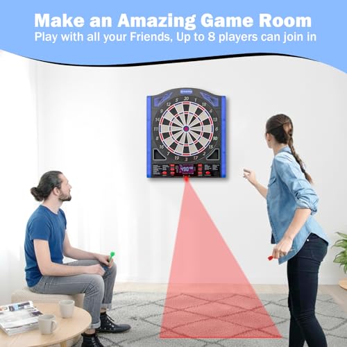 Electronic Dart Board with LED Sidelamp, Laser Toe Line, Digital Electronic Soft Tip Dartboard Set, Over 350 Variations, Includes 12 Darts, Suitable for Batteries/Adapters - color: Blue - Side Lights