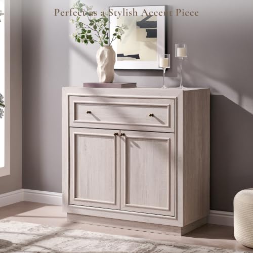 ACCOHOHO Modern Farmhouse Buffet Cabinet, 31.5" Sideboard Credenza, Modular Storage Cabinet with Framed Panel Fronts, Adjustable Shelves & Dual Base Design, White Alder - color: White Alder, size: 1 Piece