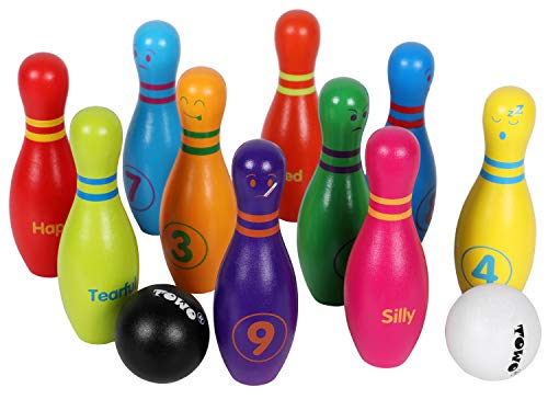 TOWO Wooden Skittles for Children - Skittle Set with 10 Facial Expressions and Numbers - 10 Pin Bowling Set for Kids Garden Toys- Wooden Toys for 2 Year Old