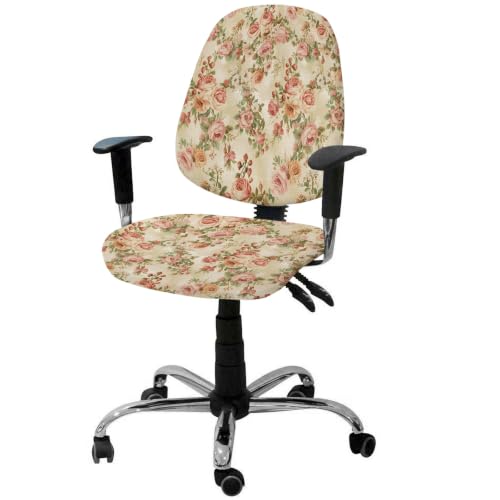 Savannan Office Chair Cover, Pink Rose Vintage Linen Protective Stretch Elastic Universal Cover for Desk Task Chair,Computer Rotating Chair 1 Pcs Classic Floral Leaves Plant