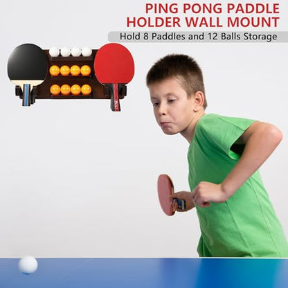 Ping Pong Paddle Holder, Ping Pong Paddle Storage Rack Wall Mounted Holds 8 Paddles and 12 Balls, Table Tennis Racket Display Organizer for Game Room,Home - color: Brown