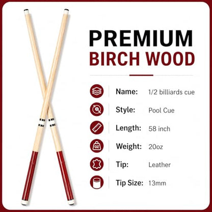 58" Pool Cue Stick Set, 2-Piece Birch Wood Billiard Cues with 13mm Leather Tips, 20oz House Cue Sticks for Home Pool Tables, Bars & Casual Play - size: 58" Set of 6