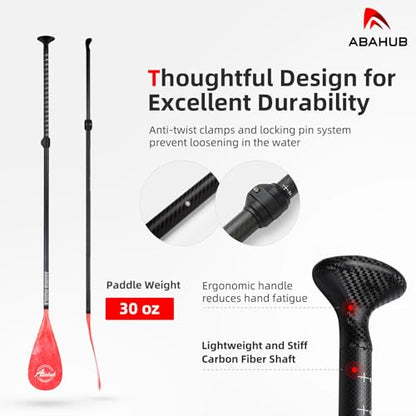 Abahub Carbon Fiber SUP Paddles, 1 x 3 Section Adjustable 67" - 86" Carbon Fiber Shaft, Lightweight Stand-up Paddle Oars for Paddleboards, with a Carrying Bag - color: Carbon Fiber Shaft & Red Wave Print Plastic Blade
