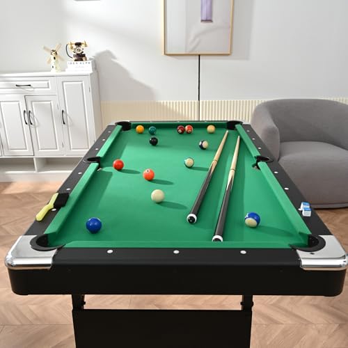 Pool Table for Game Room, 6FT Billiard Table with Balls, Cues, Chalk & Rack, MDF Game Table with Wooden Frame for Home, Office, Bar, Family Entertainment Center and Kids Playroom