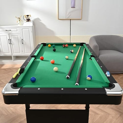 Pool Table for Game Room, 6FT Billiard Table with Balls, Cues, Chalk & Rack, MDF Game Table with Wooden Frame for Home, Office, Bar, Family Entertainment Center and Kids Playroom