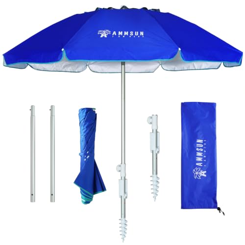 AMMSUN 6.5ft twice folded Portable beach umbrella with sand anchor windproof, Push Button Tilt and Air vent UPF 50+ Protection Fits in a large Suitcase for Patio Garden Beach Pool Backyard Blue - color: 6.5ft Blue