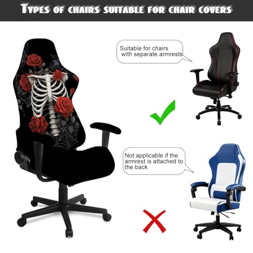 Skeleton Rose Print Gaming Chair Covers Slipcovers Spider Web Print Gamer Desk Chair Cover with 2 Armrest Covers Fits Most Office/PC Chairs & Racing Style Seats, Home Decor - color: Black - Skeleton Rose Spider Web