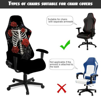 Skeleton Rose Print Gaming Chair Covers Slipcovers Spider Web Print Gamer Desk Chair Cover with 2 Armrest Covers Fits Most Office/PC Chairs & Racing Style Seats, Home Decor - color: Black - Skeleton Rose Spider Web