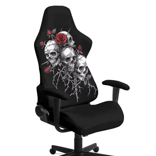 Skull Rose Printed 4 Pieces Gaming Chair Slip Cover Set Dust-Proof Elastic Game Chair Cover with Armrest Covers, Universal Fit, Machine Washable, Home Decor - color: Black and Grey - Skull Rose