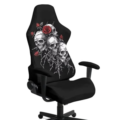 Skull Rose Printed 4 Pieces Gaming Chair Slip Cover Set Dust-Proof Elastic Game Chair Cover with Armrest Covers, Universal Fit, Machine Washable, Home Decor - color: Black and Grey - Skull Rose