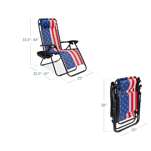 Best Choice Products Set of 2 Adjustable Steel Mesh Zero Gravity Lounge Chair Recliners w/Pillows and Cup Holder Trays - American Flag - color: American Flag, size: Standard