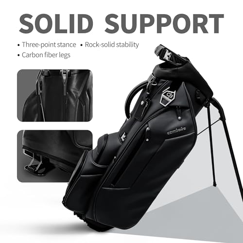 Luxury Faux Leather Golf Stand Bag, 4-Way Full-Length Divider Golf Bag with Carbon Fiber Stand, Cooler Pocket, Ergonomic Straps, Magnetic Pocket, Golf Club Bag with Rain Hood for Men/Women - color: Black