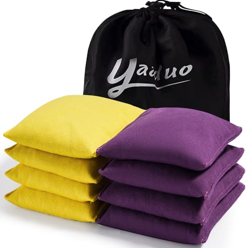 Set of 8 Regulation Cornhole Bags Double Sided, Weather Resistant Bean Bags for Cornhole Toss Game, Corn Hole Beans Bags with Tote Bag - color: Yellow/Purple