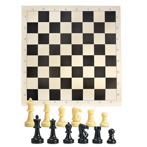 Sterling Games Extra Large 20" x 20" Roll Up Chess Mat and Pieces Set, Standard Tournament Chess Set with Black Vinyl Portable Travel Mat and Single Weight Chess Pieces - style: Black