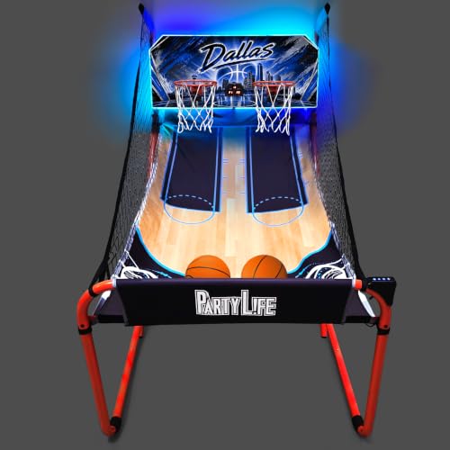 PartyLife 2-Player Basketball Arcade Game w/Optional LED Lights | Electronic Scoring | 5 Balls, 1 Pump, 8 Games | Folding Design | Heavy-Duty Steel Frame - Choose Your Model - color: DALLAS, style: w/ LED Lights