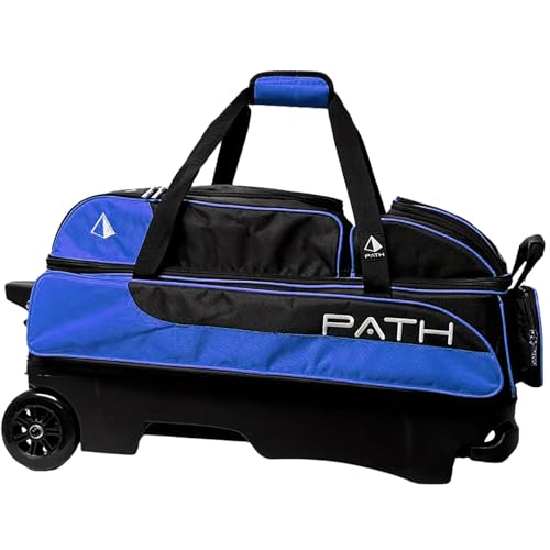 Pyramid Path Triple Premium Deluxe Roller Bowling Bag With Extra Large Separate Shoe Compartment (Up To US Mens Size 16) and 5 Accessory Pockets, 5" Wheels, Retractable Locking Handle - Extends to 42" - color: Black/Royal Blue