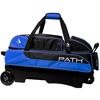 Pyramid Path Triple Premium Deluxe Roller Bowling Bag With Extra Large Separate Shoe Compartment (Up To US Mens Size 16) and 5 Accessory Pockets, 5" Wheels, Retractable Locking Handle - Extends to 42" - color: Black/Royal Blue