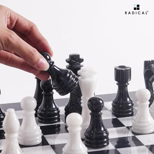 Radicaln Marble Chess Figures 3.5'' Inches Black and White Handmade Figures for Board Games - Marble Chess Set & Checker Board Game for Adults | Natural Stone, Hand Polished, Premium Finish, 32 playing Pieces, Unique Veining, Timeless Design - color: Blac