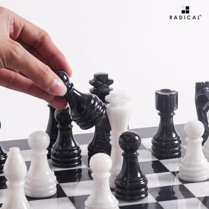 Radicaln Marble Chess Figures 3.5'' Inches Black and White Handmade Figures for Board Games - Marble Chess Set & Checker Board Game for Adults | Natural Stone, Hand Polished, Premium Finish, 32 playing Pieces, Unique Veining, Timeless Design - color: Blac