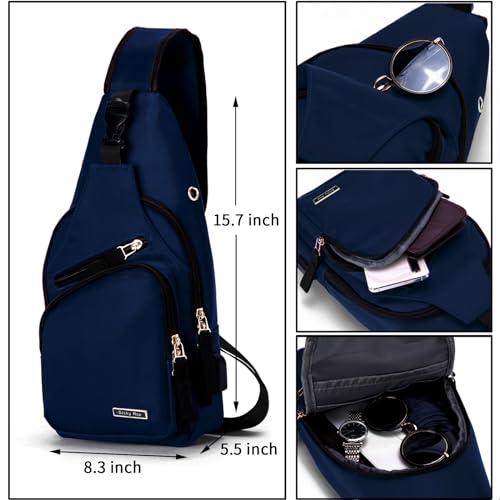 Seoky Rop Men Women Sling Backpack Nylon Water Resistant Shoulder Chest Crossbody Sling Bag with USB Charging Port - color: Dark Blue