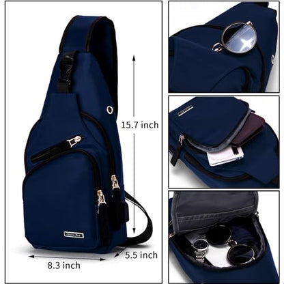 Seoky Rop Men Women Sling Backpack Nylon Water Resistant Shoulder Chest Crossbody Sling Bag with USB Charging Port - color: Dark Blue
