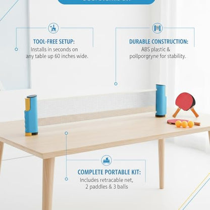 Retractable Table Tennis Net Set with Rackets and Balls, Portable Ping Pong Kit for Flat Surfaces - color: Yellow