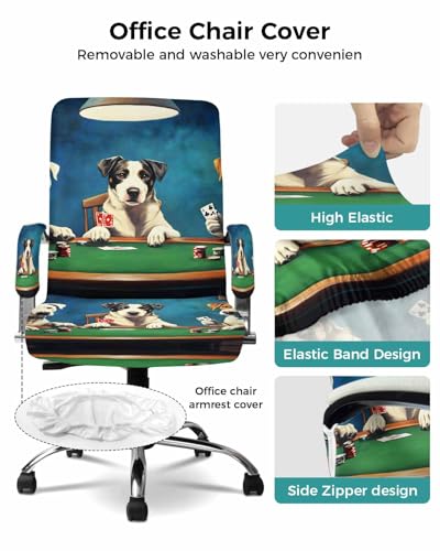 Abstract Animal Office Chair Cover with Armrest Covers, Dog Playing Poker Game Chips Blue Room Funny Universal Stretch Desk Rotating Chair Slipcovers, Removable Seat Protector with Zipper, L - color: Dark Green Brown, size: Large & 2PCS Armrest Covers